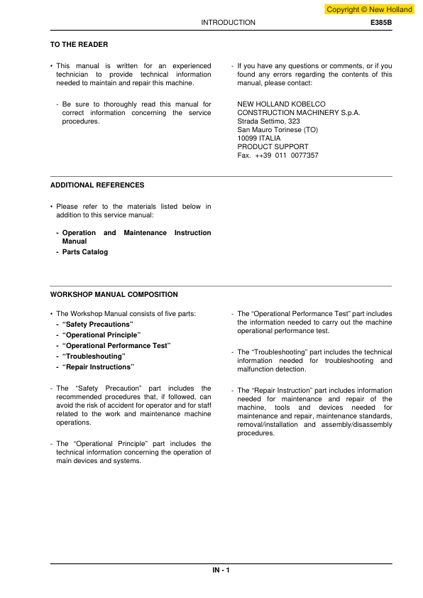 New Holland E385B Excavator Workshop Manual - Image 3