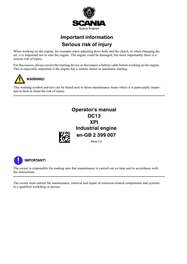 Scania DC13 XPI Industrial Engine Service and Operator Manual - Image 2