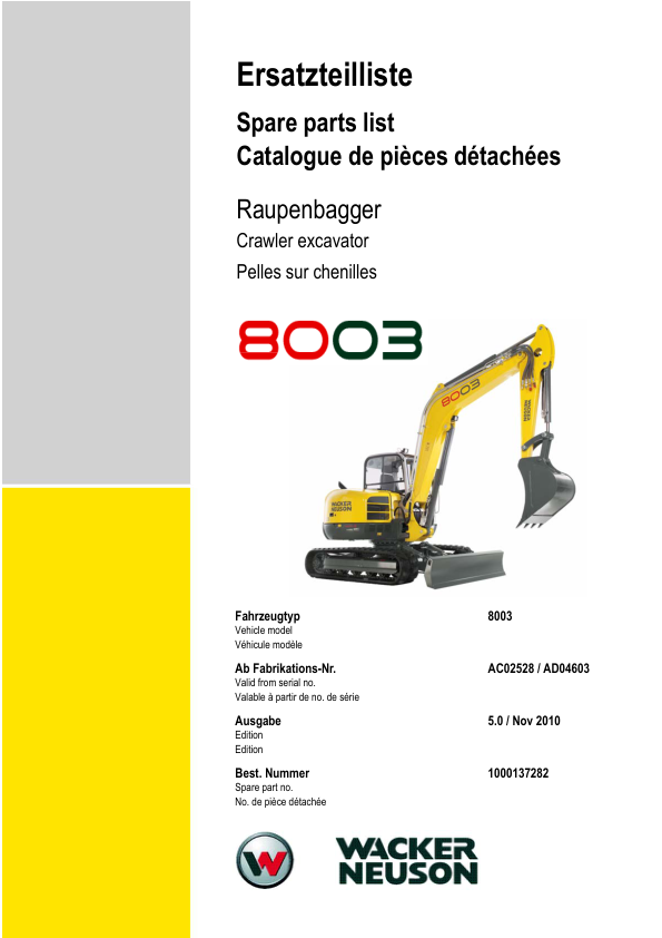 Wacker Neuson 8003 Track Excavator Parts Catalog AC02528 AD07187 - Image 2