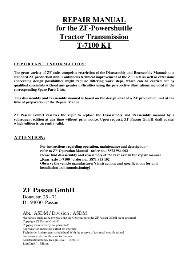 ZF Powershuttle T-7100 KT Transmission Repair Manual - Image 3