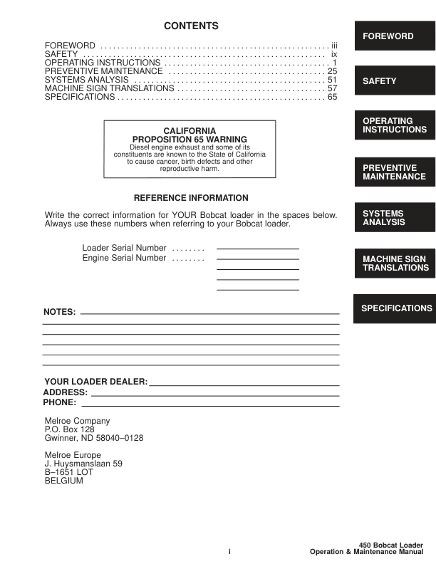 Bobcat 450 Skid Steer Loader Operation and Maintenance Manual - Image 4
