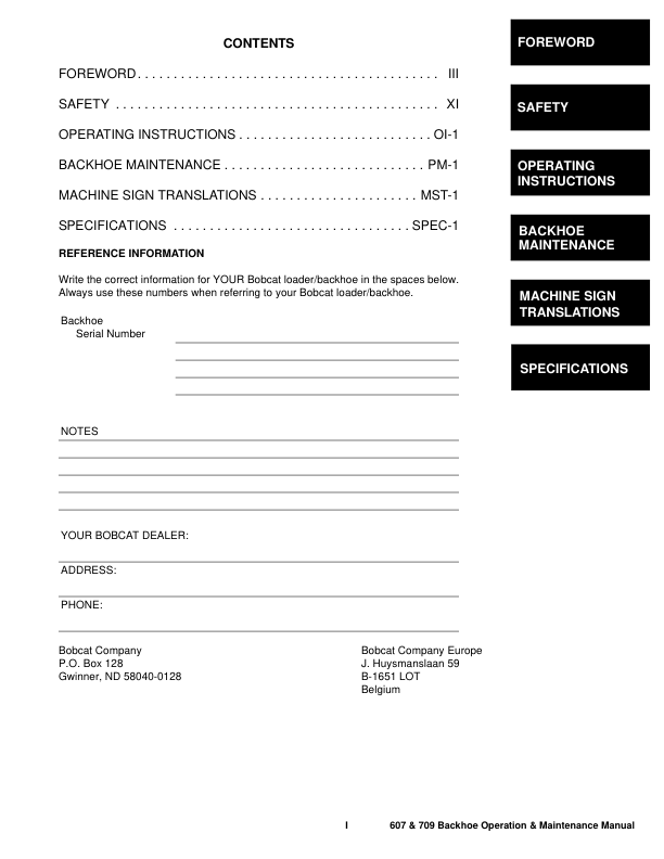 Bobcat 607 709 709FDS Backhoe Operation and Maintenance Manual - Image 4