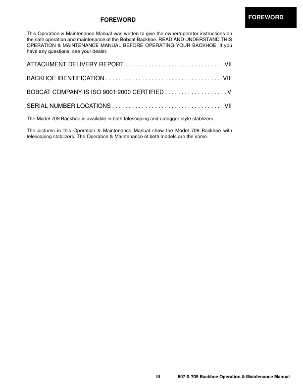 Bobcat 607 709 709FDS Backhoe Operation and Maintenance Manual - Image 5