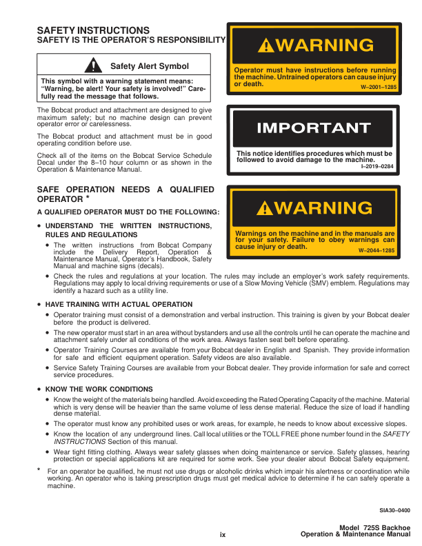 Bobcat 725S Backhoe Operation and Maintenance Manual - Image 9