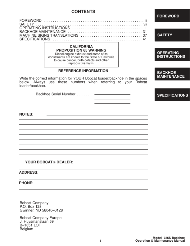 Bobcat 725S Backhoe Operation and Maintenance Manual - Image 4