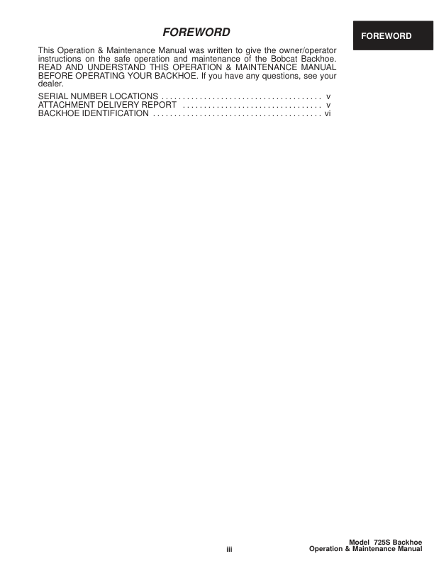Bobcat 725S Backhoe Operation and Maintenance Manual - Image 6