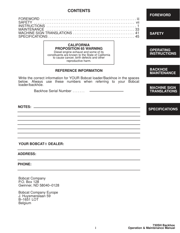 Bobcat 730SH Backhoe Operation and Maintenance Manual - Image 4