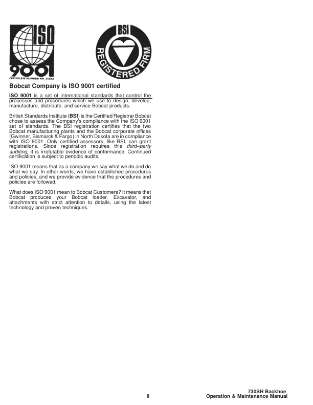 Bobcat 730SH Backhoe Operation and Maintenance Manual - Image 5