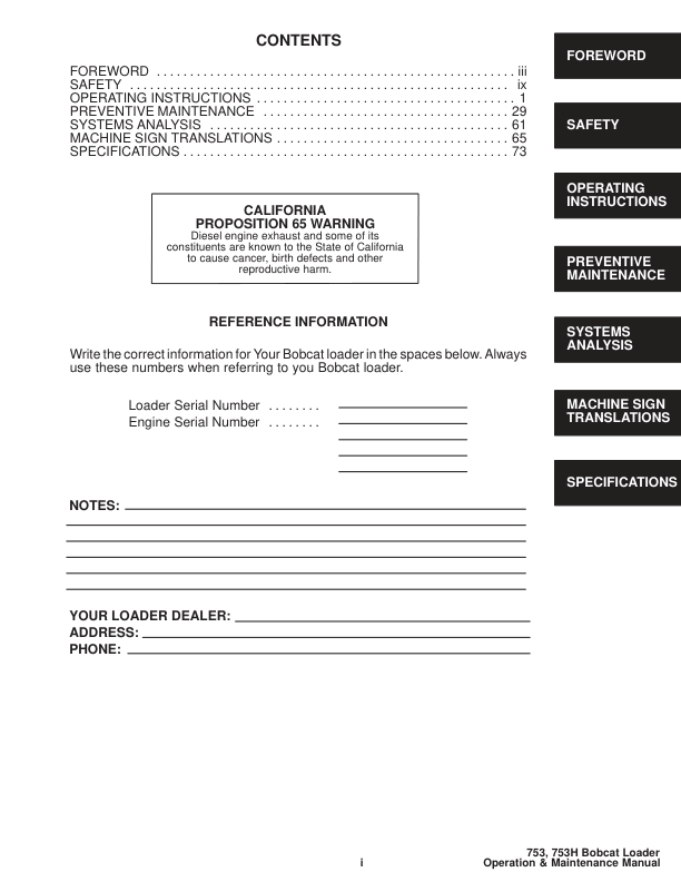 Bobcat 753 753H PlusSkidsteer Loader Operation and Maintenance Manual - Image 4