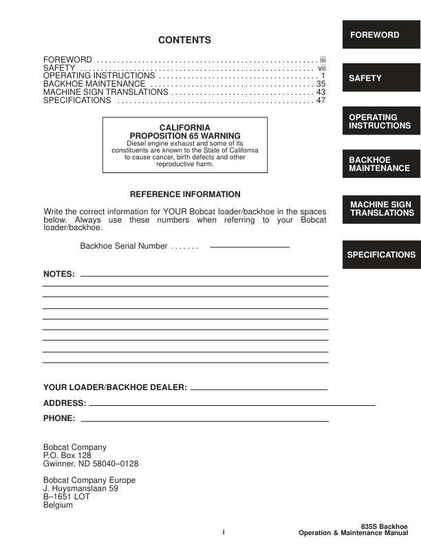 Bobcat 835S Backhoe Operation and Maintenance Manual - Image 4