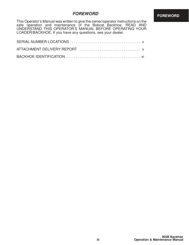 Bobcat 905B Backhoe Operation and Maintenance Manual - Image 6