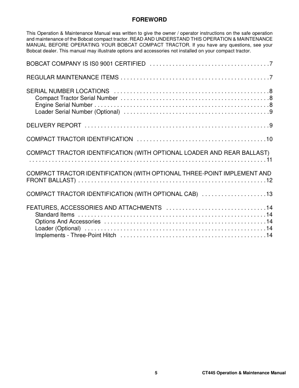Bobcat CT445 HST SST Compact Tractor Operation and Maintenance Manual ABHL AKB9 AU NZ - Image 4