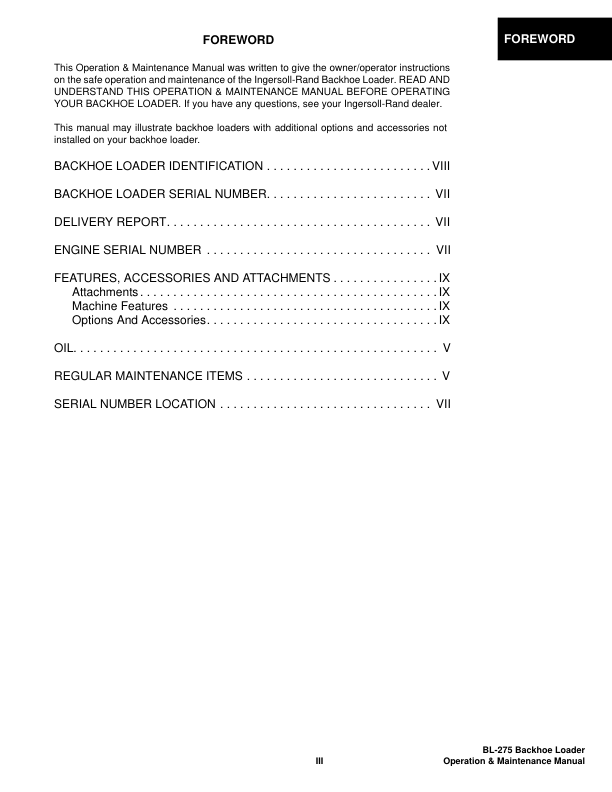 Bobcat Ingersoll-Rand BL-275 Backhoe Loader Operation and Maintenance Manual 57301101 B Series - Image 5