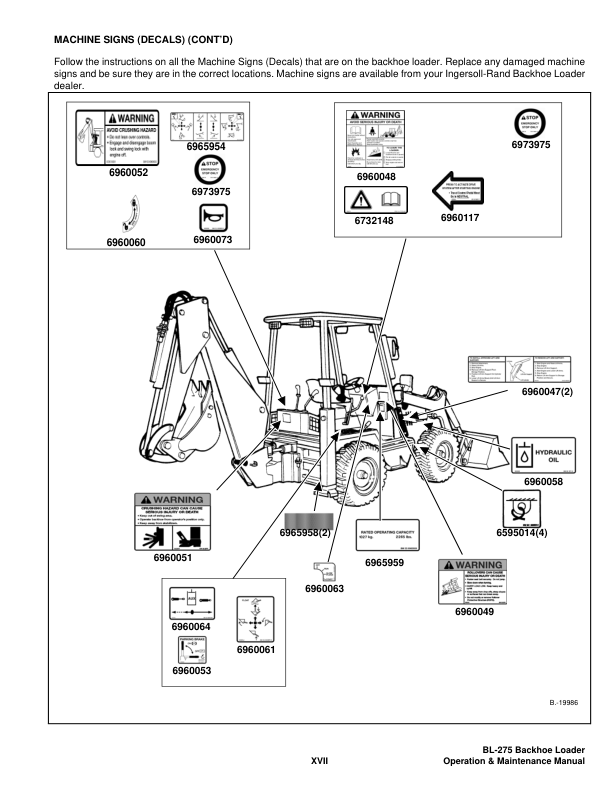 Bobcat Ingersoll-Rand BL-275 Backhoe Loader Operation and Maintenance Manual 57301101 B Series - Image 9