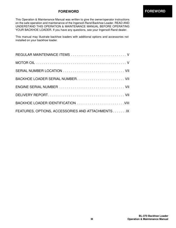 Bobcat Ingersoll-Rand BL-370 Backhoe Loader Operation and Maintenance Manual 572711001 B Series - Image 5