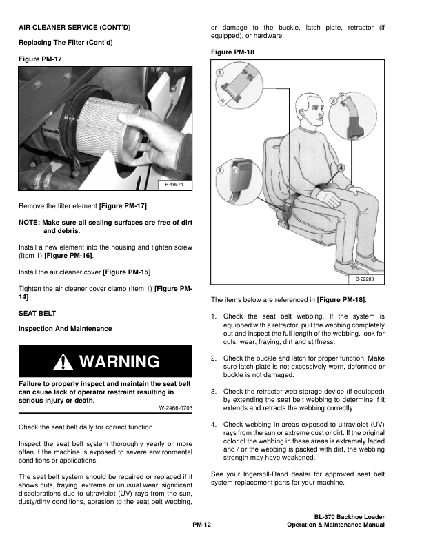 Bobcat Ingersoll-Rand BL-370 Backhoe Loader Operation and Maintenance Manual 572711001 B Series - Image 12
