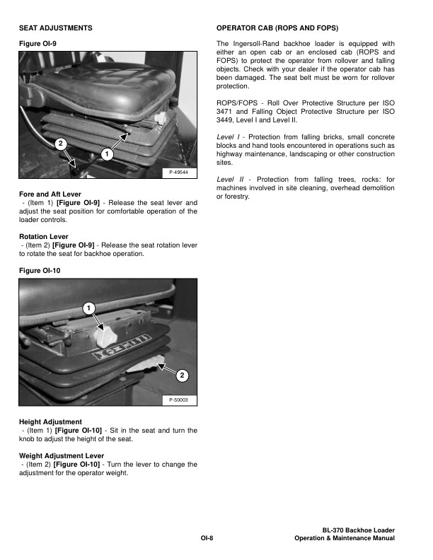Bobcat Ingersoll-Rand BL-370 Backhoe Loader Operation and Maintenance Manual 572711001 B Series - Image 8