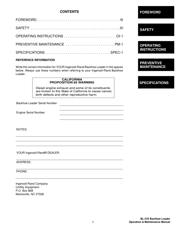 Bobcat Ingersoll-Rand BL-370 Backhoe Loader Operation and Maintenance Manual 572711001 B Series - Image 4