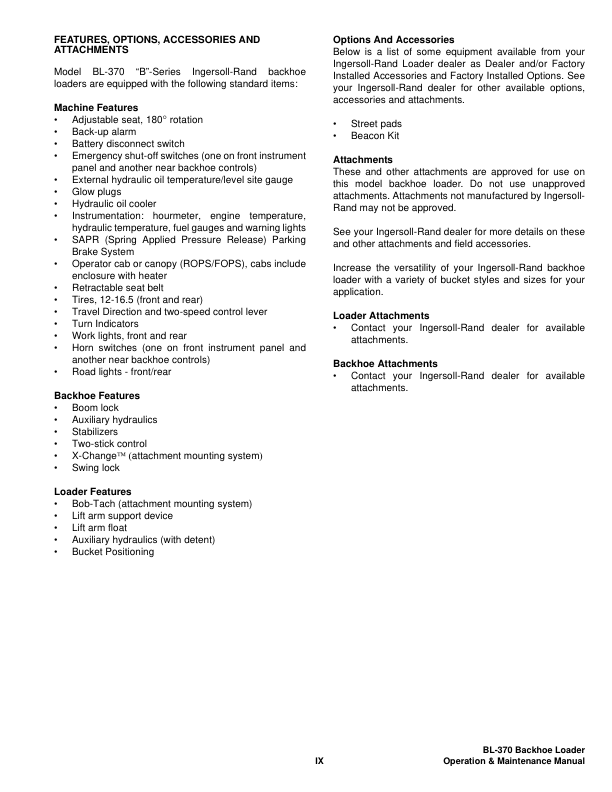 Bobcat Ingersoll-Rand BL-370 Backhoe Loader Operation and Maintenance Manual 572711001 B Series - Image 7