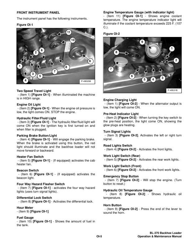 Bobcat Ingersoll-Rand BL-370 Backhoe Loader Operation and Maintenance Manual 573211001 B Series - Image 9