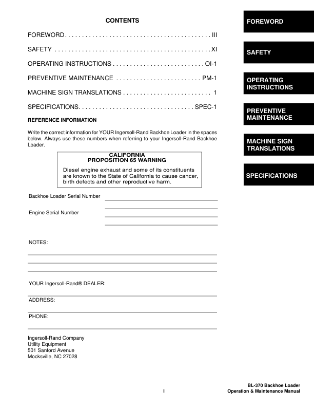 Bobcat Ingersoll-Rand BL-370 Backhoe Loader Operation and Maintenance Manual 573211001 B Series - Image 4