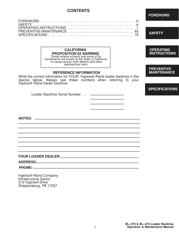 Bobcat Ingersoll-Rand BL-470 BL-475 Backhoe Loader Operation and Maintenance Manual 5705 5719 - Image 4