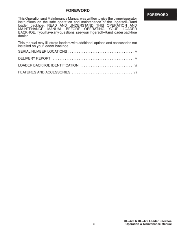 Bobcat Ingersoll-Rand BL-470 BL-475 Backhoe Loader Operation and Maintenance Manual 5705 5719 - Image 5
