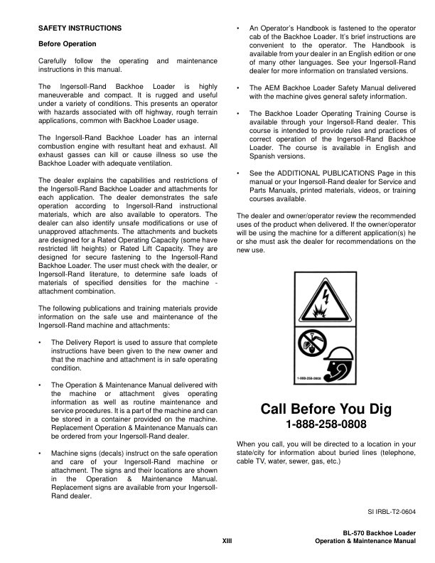 Bobcat Ingersoll-Rand BL-570 Backhoe Loader Operation and Maintenance Manual 572611001 B Series - Image 7