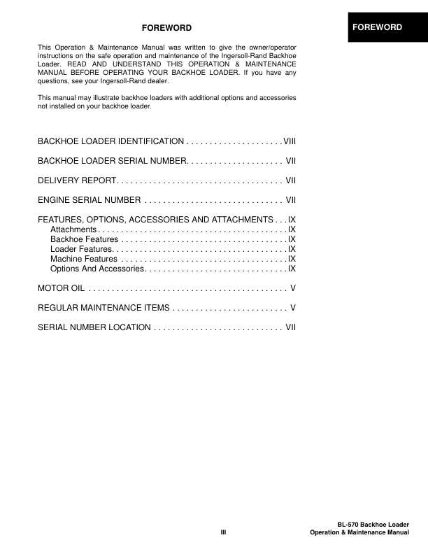 Bobcat Ingersoll-Rand BL-570 Backhoe Loader Operation and Maintenance Manual 572611001 B Series - Image 5