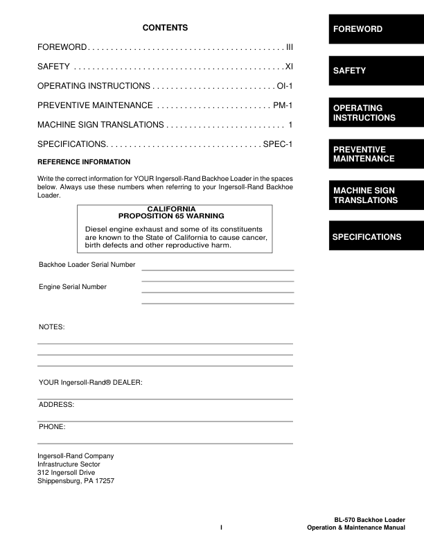 Bobcat Ingersoll-Rand BL-570 Backhoe Loader Operation and Maintenance Manual 572611001 B Series - Image 4