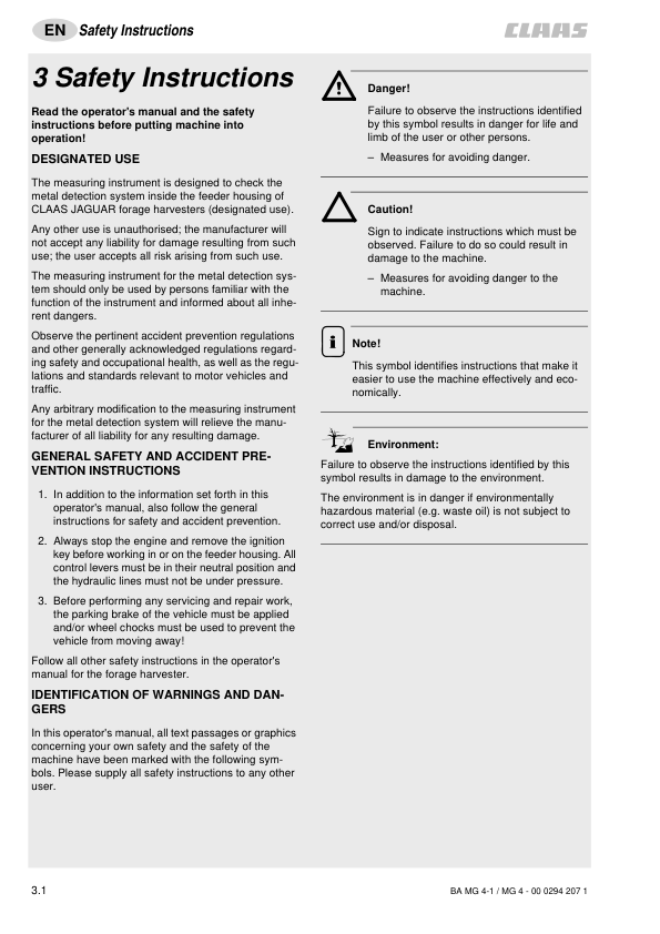 Claas Jaguar 980 830 Forage Harvester MG4-1 MG4 Metal Detector Tester Operators Manual - Image 3