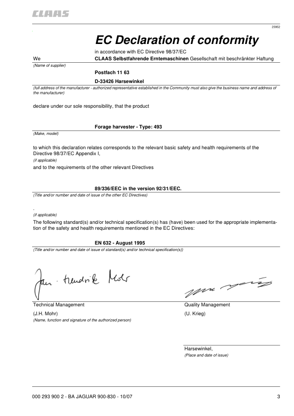 Claas Jaguar Type 493 900 830 Speedstar Forage Harvester Operators Manual - Image 3