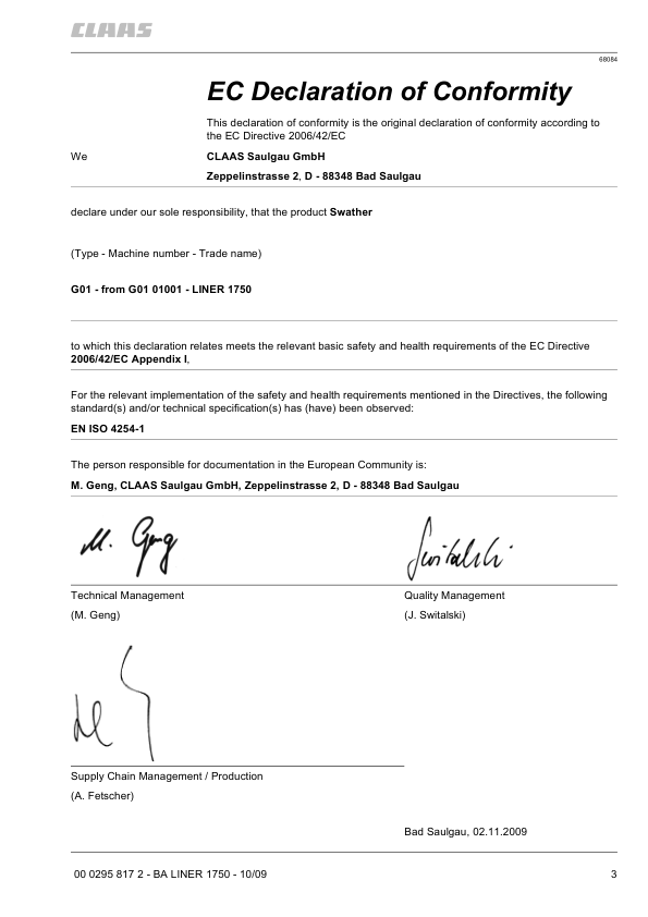 Claas Liner 1750 Swather Operators Manual - Image 3