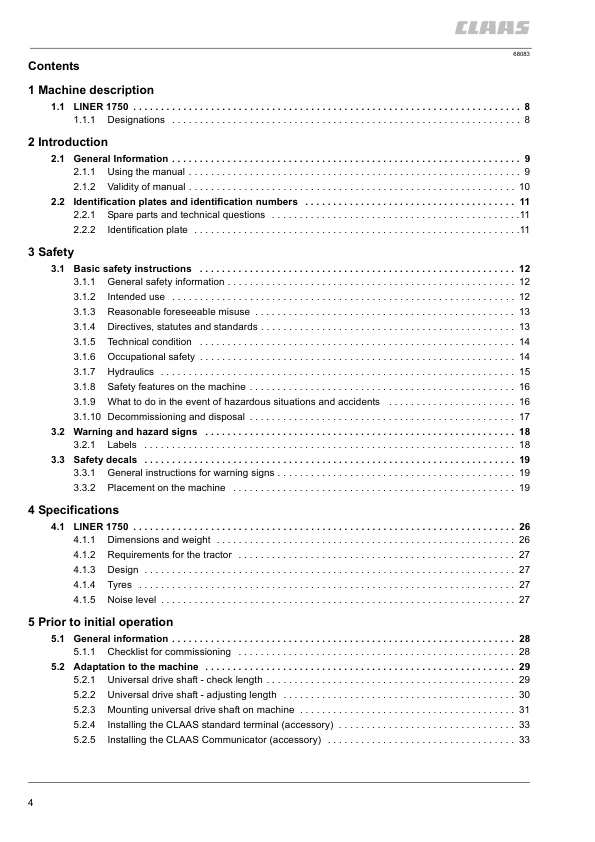 Claas Liner 1750 Swather Operators Manual - Image 4