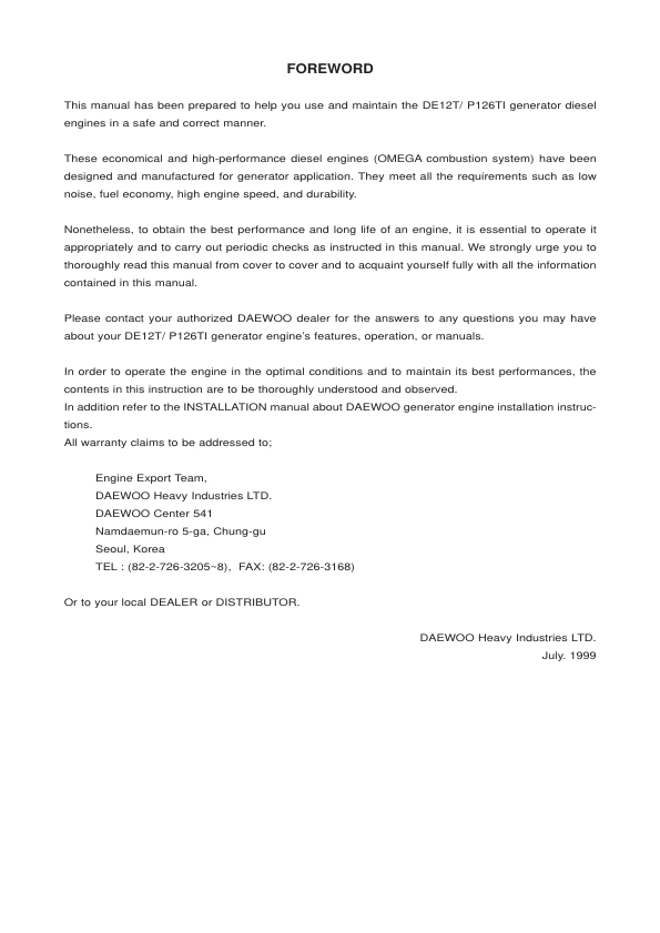 Daewoo Doosan DE12T POLUS P126TI Generator Diesel Engine Service Manual - Image 3