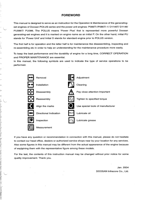 Doosan D1146 D1146T PO86TL Generator Diesel Engine Operation and Maintenance Manual - Image 5