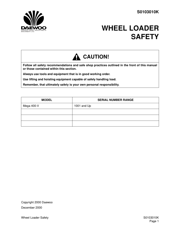 Doosan M400-V Wheel Loader Workshop Manual 2001 and Up - Image 5