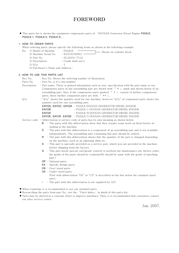 Doosan P222LE P222LE-1 P222LE-II P222LE-S Generator Engine Parts Catalog - Image 4