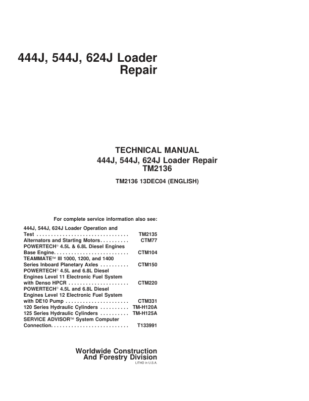 John Deere 444J 544J 624J Loader Repair Technical Manual - Image 2