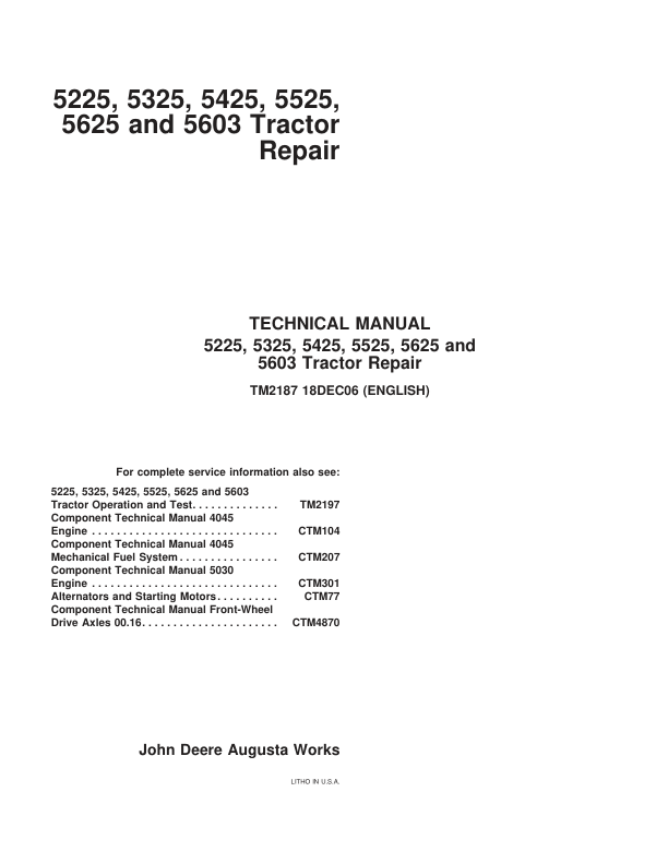 John Deere 5225 5325 5425 5525 5625 5603 Tractor Repair Technical Manual TM2187 - Image 2