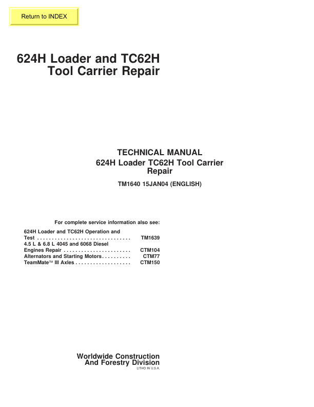 John Deere 624H Loader TC62H Tool Carrier Repair Technical Manual TM1640 - Image 2