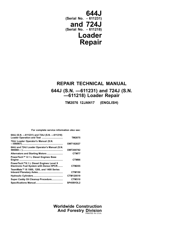 John Deere 644J 724J Loader Repair Technical Manual - Image 2