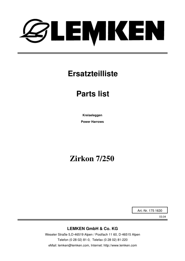 Lemken Zirkon 7 250 Furrow Press Spare Parts Catalogue - Image 2