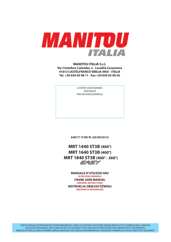 Manitou MRT 1840 2150 2540 Rotating Telehandler Crane Operators Manual IT EN PL - Image 2