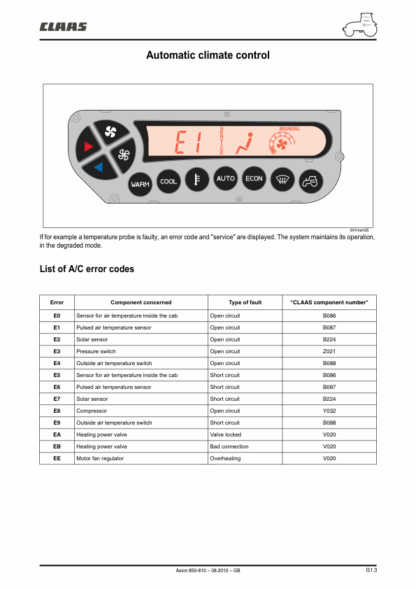 Claas Axion 850 810 Tractor Diagnostic List of Error Codes - JoeManual.com