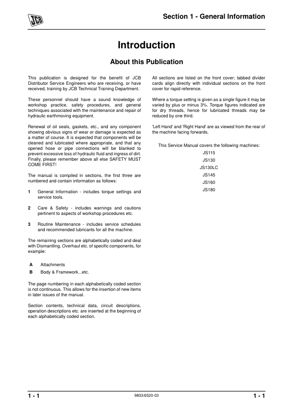 JCB JS115 JS180 Excavator Service Manual 9803/6520-03 - Image 3