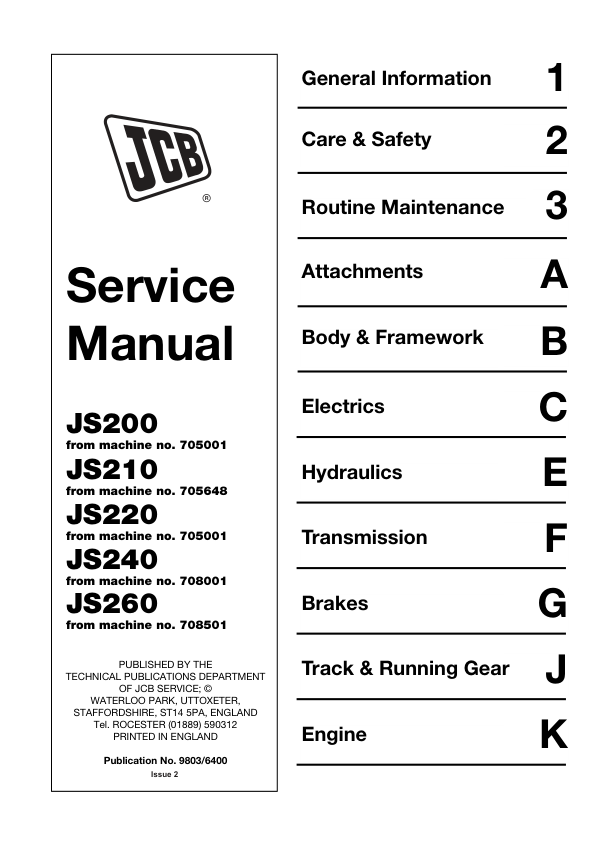 JCB JS200 JS210 JS220 JS240 JS260 Excavators Service Manual 9803/6400 Printed Book - Image 2