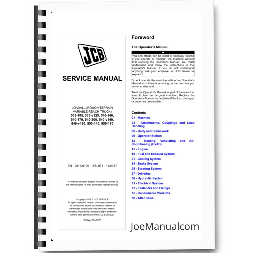 JCB 533-105 535-v125 535-v140 540-140 540-170 540-200 540-v140 540-v180 550-140 550-170 Telehandler Service Manual 2 9813/9100 Printed Book