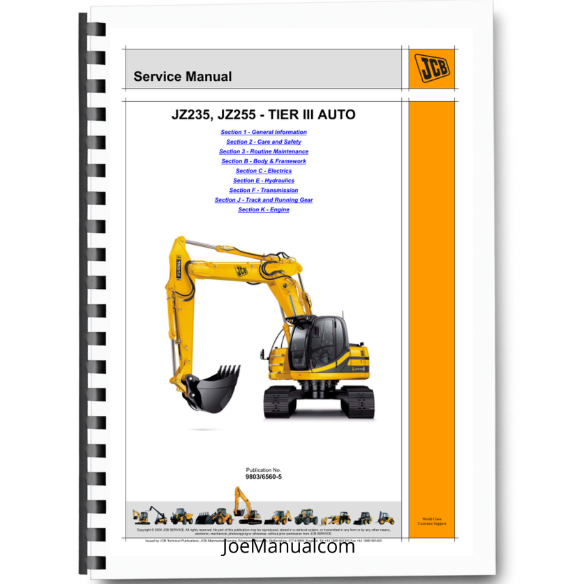 JCB JZ235 JZ255 Tier III Auto Excavator Service Manual 9803/6560-5 Printed Book