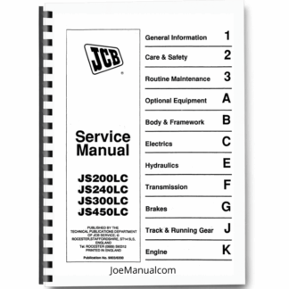 JCB JS200LC 240LC 300LC 450LC Excavator Service Manual 9803/6200 Printed Book